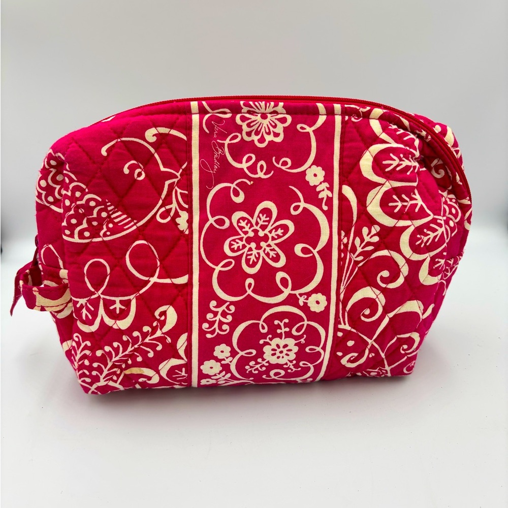 Vera Bradley Large Cosmetic Bag in Twirly Bird Pink Pattern, Waterproof Lining - Picture 2 of 11